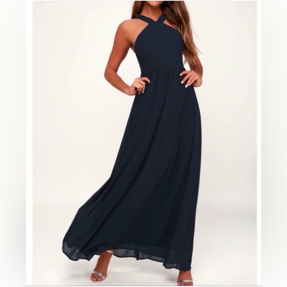 Lulu's Navy Halter Maxi Dress Full Length Air of Romance Dress L